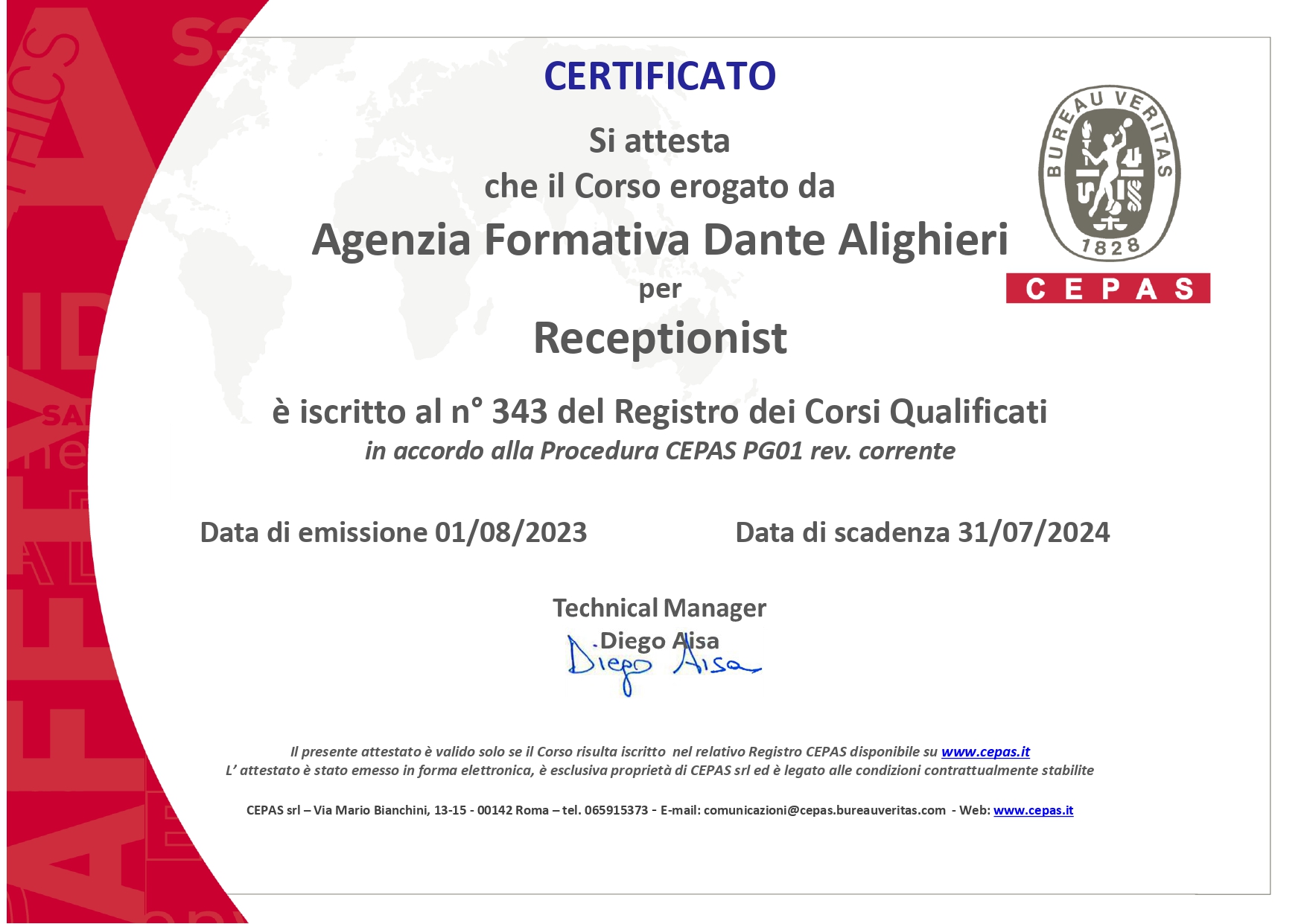 corso receptionist certificato cepas