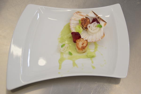 Capesante grigliate con verdure e crema verde, servite nel guscio su piatto bianco elegante, creazione dello chef Fabrizio Ferrari.