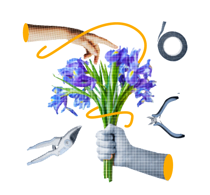 Illustrazione artistica con un bouquet di fiori e strumenti da lavoro, simbolo del corso di fiorista professionale con stage garantito